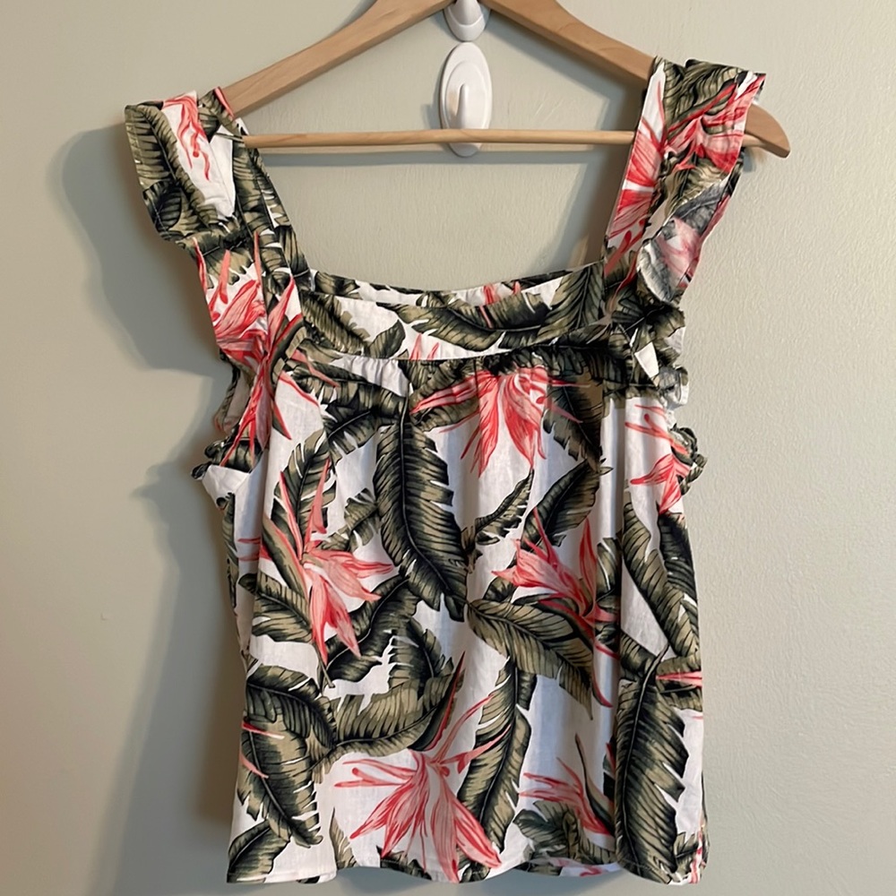 LOFT Women’s Palm Floral Linen Blend Top Size M Medium Beachy